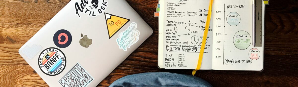backpack, laptop, and notebook